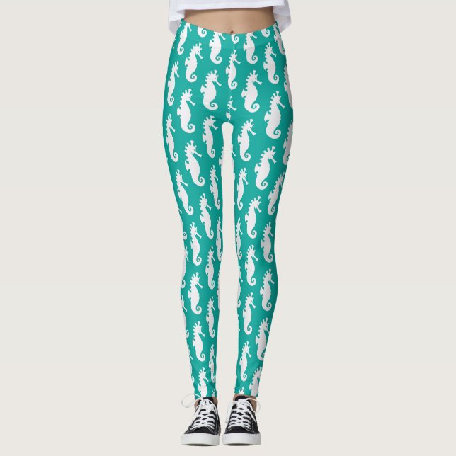 Legging Padrão de Cavalo-marinho Teal 1 (Frente)