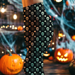 Legging Padrão de Caveiras e Flores de Halloween