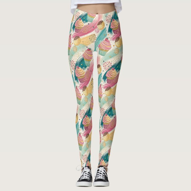 Legging Padrão de Celebração de Cupcake Festivo e Bruto (Frente)