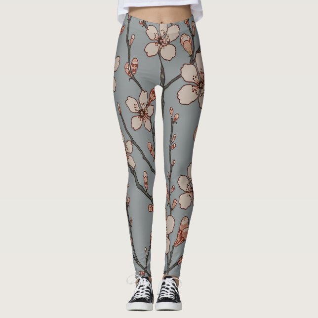 Legging Padrão de cereja de flores cor-de-rosa elegante (Frente)