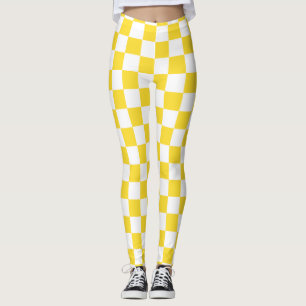 Legging Padrão de Checkboard Checkered White Check Amarelo