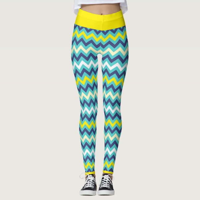 Legging Padrão de Chevron Amarelo Verde Azul Zigzag Bonito (Frente)