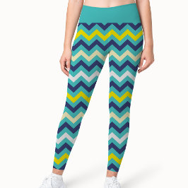 Legging Padrão de Chevron Amarelo Verde Azul Zigzag Bonito