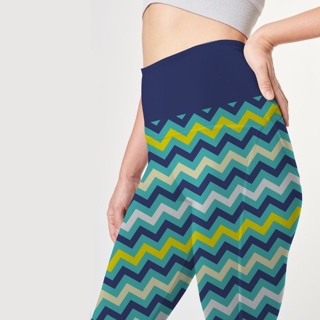 Legging Padrão de Chevron Amarelo Verde Azul Zigzag Bonito (Criador carregado)