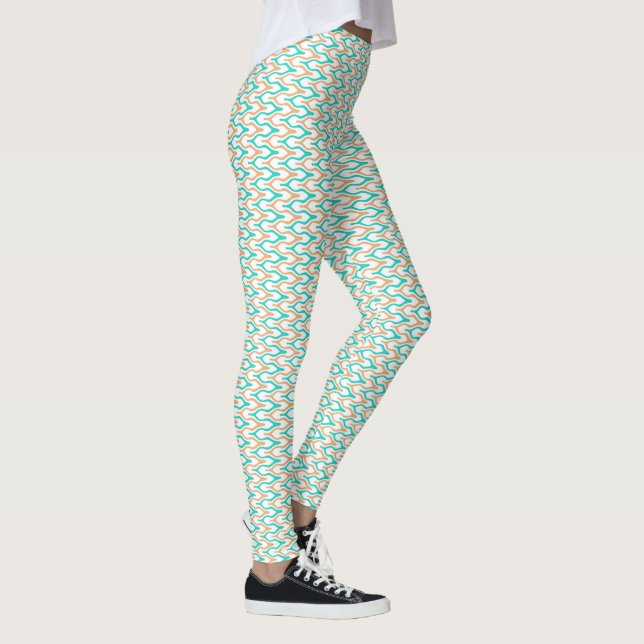 Legging Padrão de Chevron Ondulado Azul Turquesa e Bege (Direita)