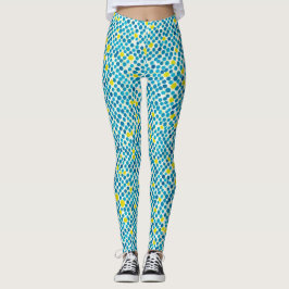 Legging Padrão de Círculo Abstrato Azul Amarelo em Aquarel