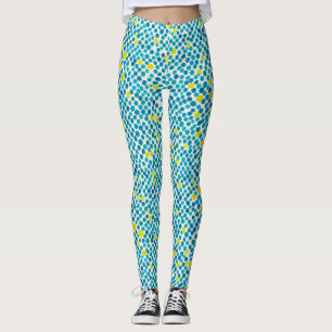 Legging Padrão de Círculo Abstrato Azul Amarelo em Aquarel