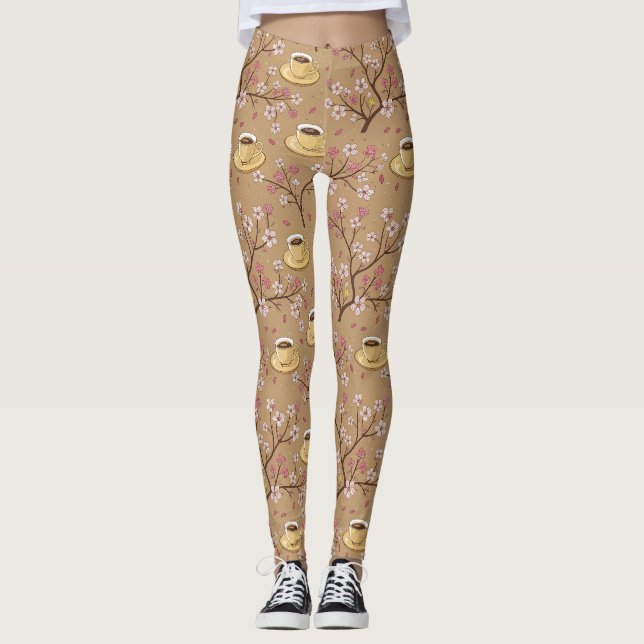 Legging Padrão de Cobertura de Café Flor de Cerejeira (1) (Frente)