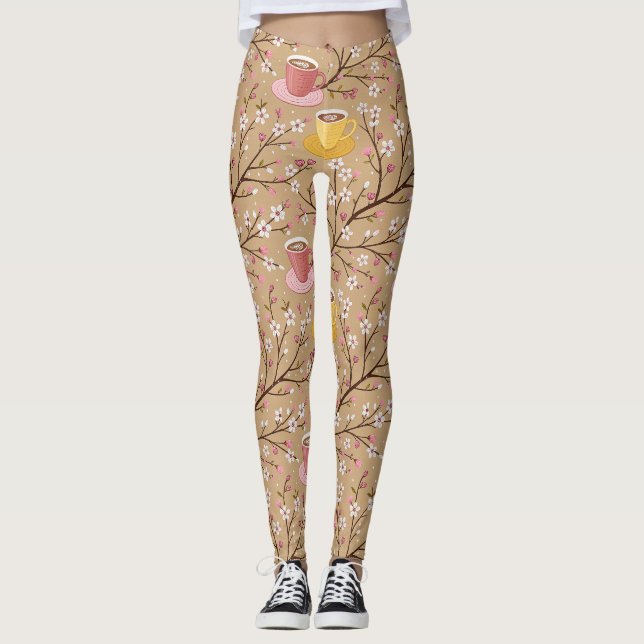 Legging Padrão de Cobertura de Café Flor de Cerejeira (4) (Frente)