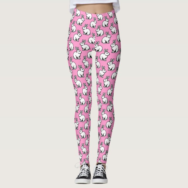 Legging Padrão de coelhos - Preto e Branco com Rosa (Frente)