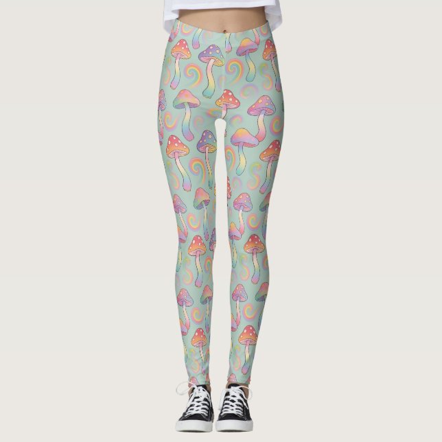 Legging Padrão de Cogumelo Arco-íris Pastel (Frente)