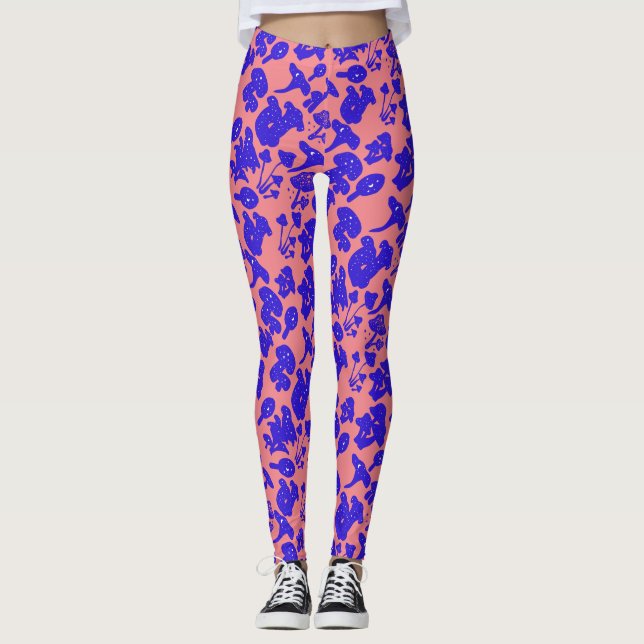 Legging Padrão de cogumelo preto 01azul rosa BG (Frente)
