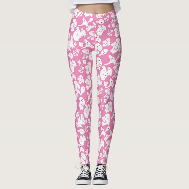 Legging Padrão de cogumelo preto 01b Rosa BG (Frente)