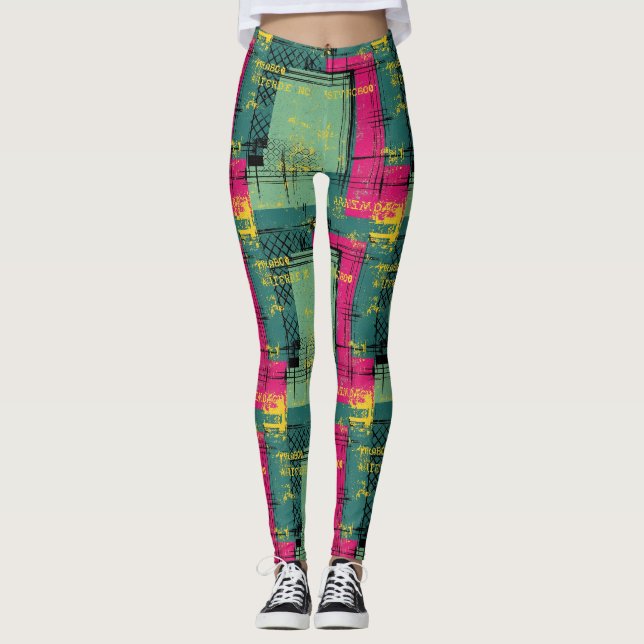 Legging Padrão de Colagem de Arte de Rua Geométrica Grunge (Frente)