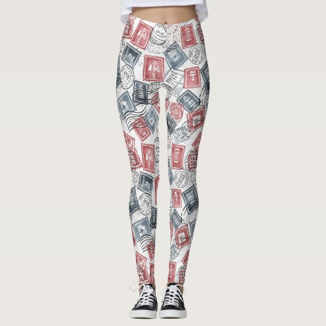 Legging Padrão de Colagem de Selos Postais Antigos (1) (Frente)