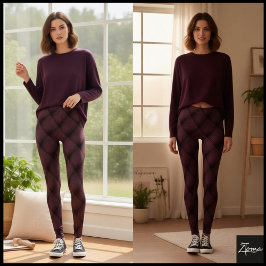 Legging Padrão de Colcha Xadrez Diagonal Roxo Escuro
