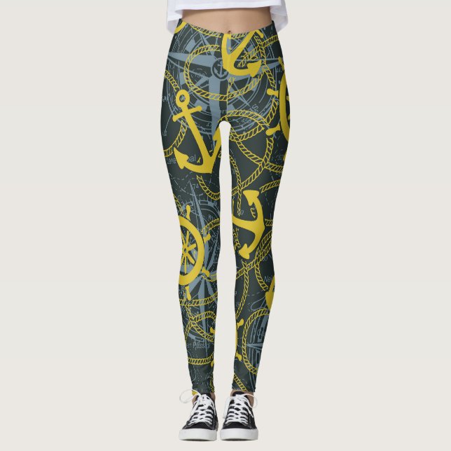 Legging Padrão de colheita náutica, âncora e mapa. (Frente)