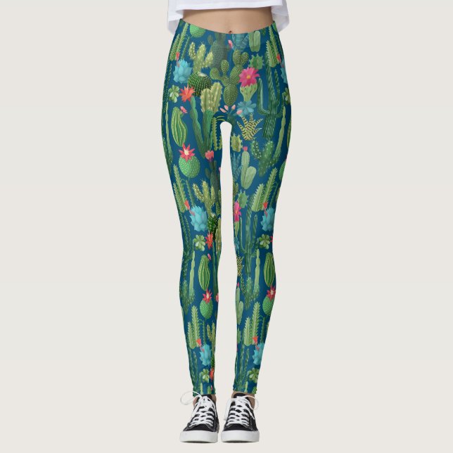 Legging Padrão de Colheita Verde de Cactos (Frente)