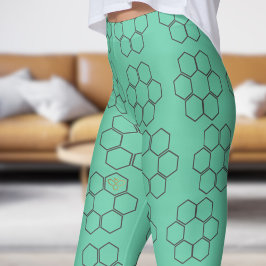 Legging Padrão de Colmeia de Abelhas de Mel Verde Fresca