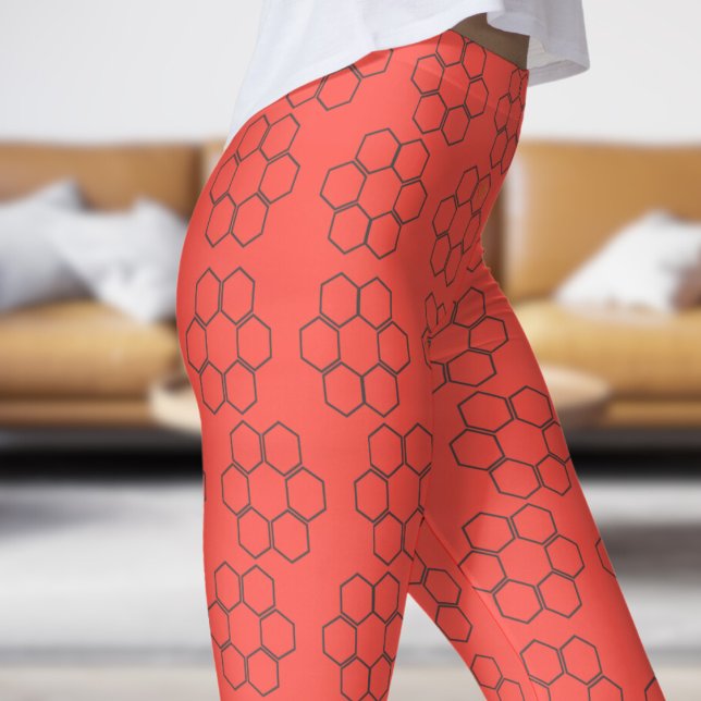 Legging Padrão de Colmeia de Abelhas de Mel Vermelha fresc (Honey Hive on Red Orange)