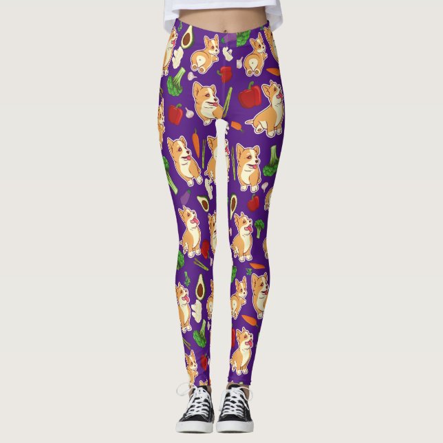 Legging Padrão de comida de vegetais e Corgi Fofo Roxo (Frente)