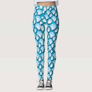 Legging Padrão de conchas do oceano azul e branco