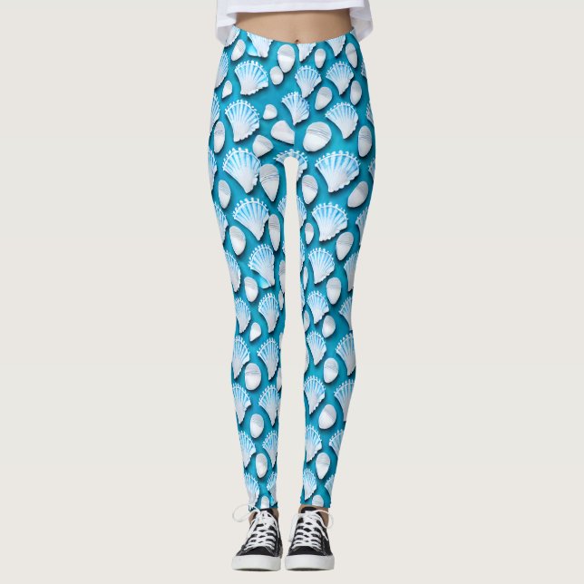 Legging Padrão de conchas do oceano azul e branco (Frente)