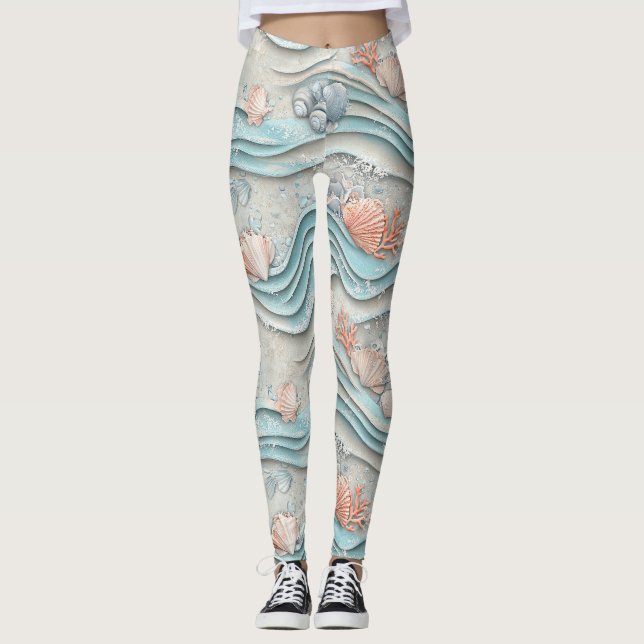 Legging Padrão de Conchas Marinhas Boho Costeiro (Frente)