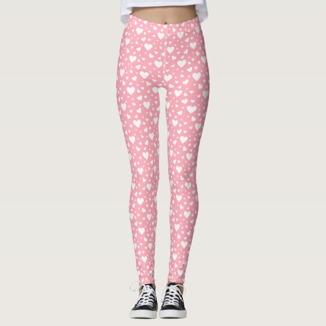 Legging Padrão de Coração Branco em Rosa (Frente)