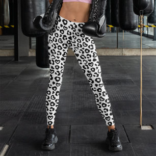 Legging Padrão de Coração de Leopardo Preto e Branco