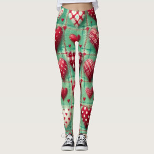 Legging Padrão de Coração de Natal em Vermelho e Verde 