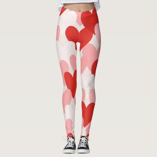 Legging Padrão de coração vermelho/rosa/branco do Dia dos  (Frente)