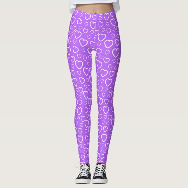 Legging Padrão de Corações de Amor Roxo e Branco (Frente)
