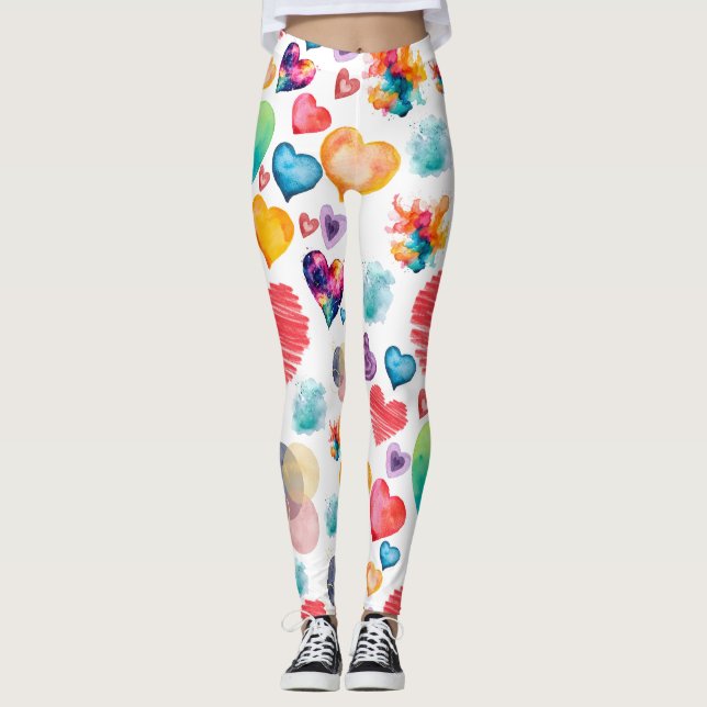Legging Padrão de Corações de Aquarela (Frente)