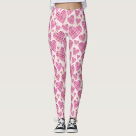 Legging Padrão de Corações de Xadrez Bonita com Brilhante 