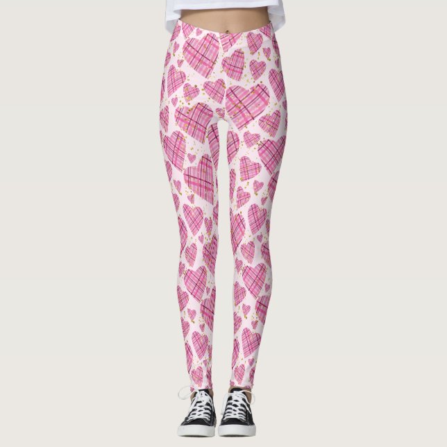 Legging Padrão de Corações de Xadrez Bonita com Brilhante  (Frente)