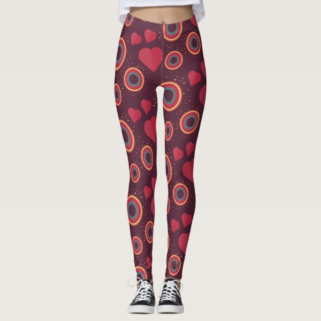 Legging Padrão de Corações e Círculos Retrô (Frente)