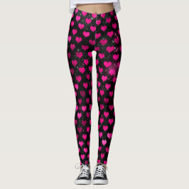 Legging Padrão de Corações Glamurosos Rosa Brilhante e Pre