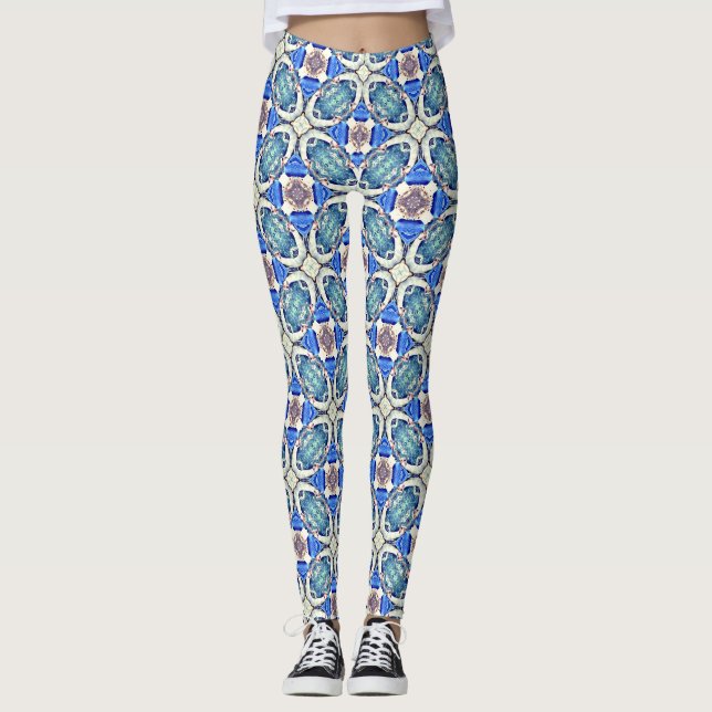 Legging padrão de corações mandala azul (Frente)