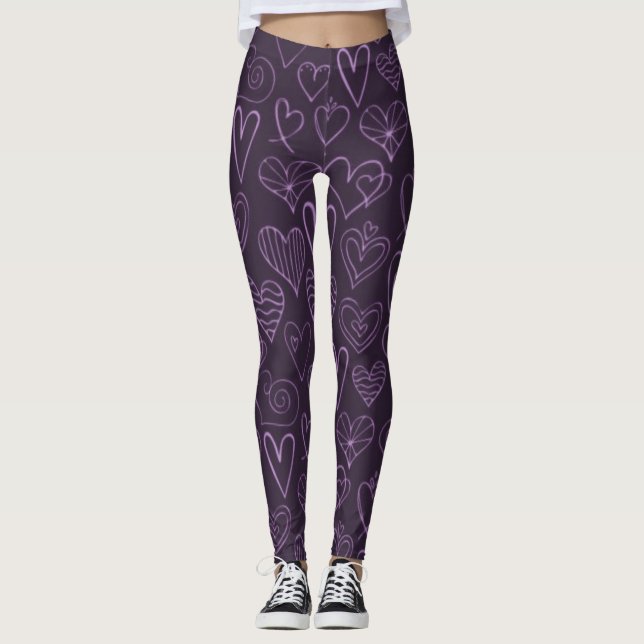 Legging Padrão de Corações Roxos Modernos Escuros (Frente)