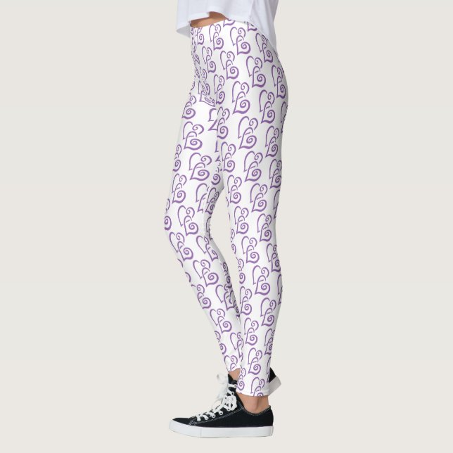 Legging Padrão de Corações Roxos Vinculados em Branco (Esquerda)