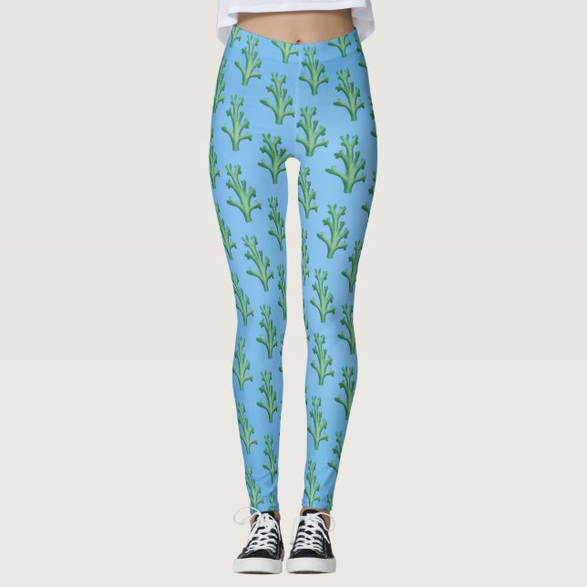 Legging Padrão de corais de árvores verdes em azul (Frente)