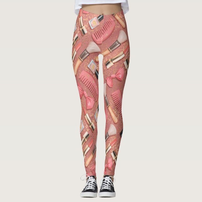 Legging Padrão de Cosméticos de Maquiagem Rosa com Brilho (Frente)