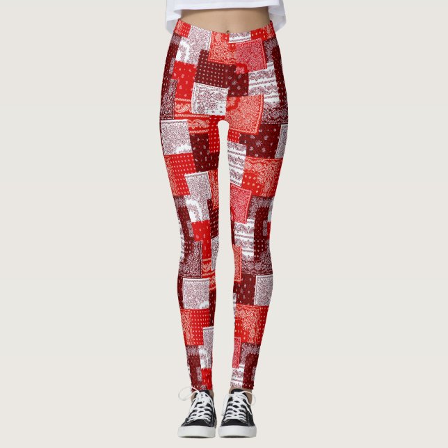 Legging Padrão de Costura de Patchwork de Bandana Vermelha (Frente)