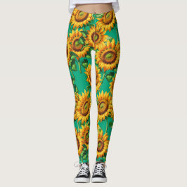 Legging Padrão de Cottagecore Floral de Girassol Verde