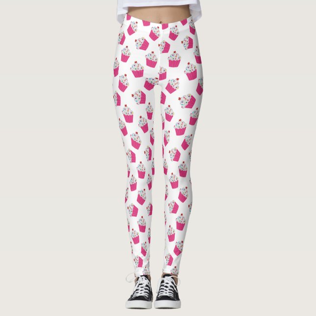 Legging Padrão de Cupcake Coração Cor-de-Rosa (Frente)