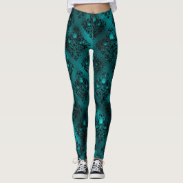 Legging Padrão de Damasco com Glitter Glam em Tom de Azul-
