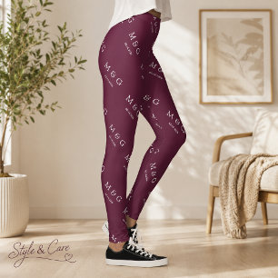 Legging Padrão de Data de Monograma Personalizado Burgundy