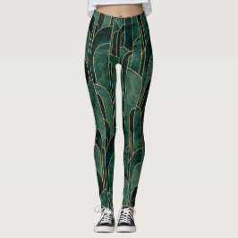 Legging Padrão de Deco de Arte Dourada e Verde Luxuoso