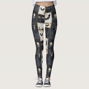Legging Padrão de Denim de Morcegos e Caveiras Grunge Góti